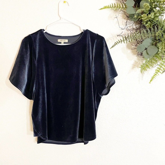 Madewell Velvet Blue Flutter Sleeve Short Sleeve Pullover Top Sz Medium - Picture 2 of 8